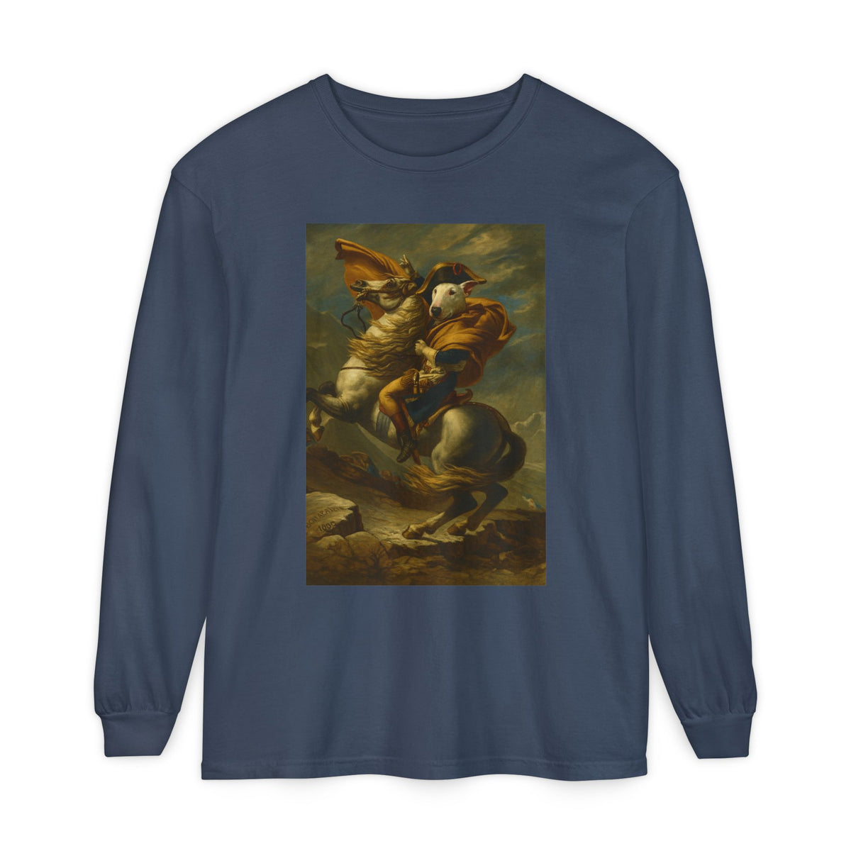 Bull Terrier Napoleon Crossing the Alps — after Jacques-Louis David, 1801 | Long Sleeve