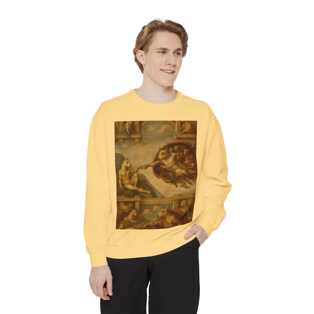 Bull Terrier The Creation of Adam — after Michelangelo, 1512 | Crewneck