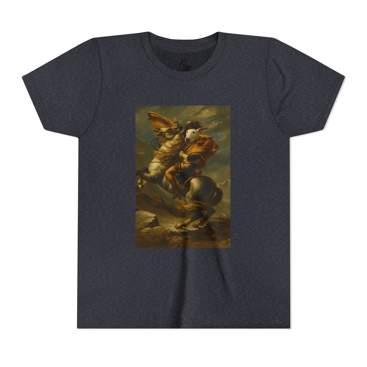 Bull Terrier Napoleon Crossing the Alps — after Jacques-Louis David, 1801 | Youth Tee