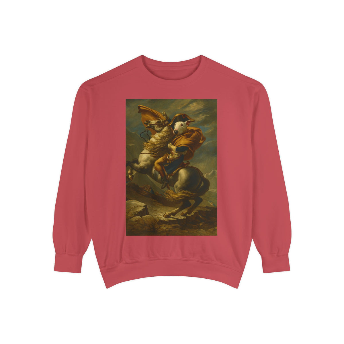 Bull Terrier Napoleon Crossing the Alps — after Jacques-Louis David, 1801 | Crewneck