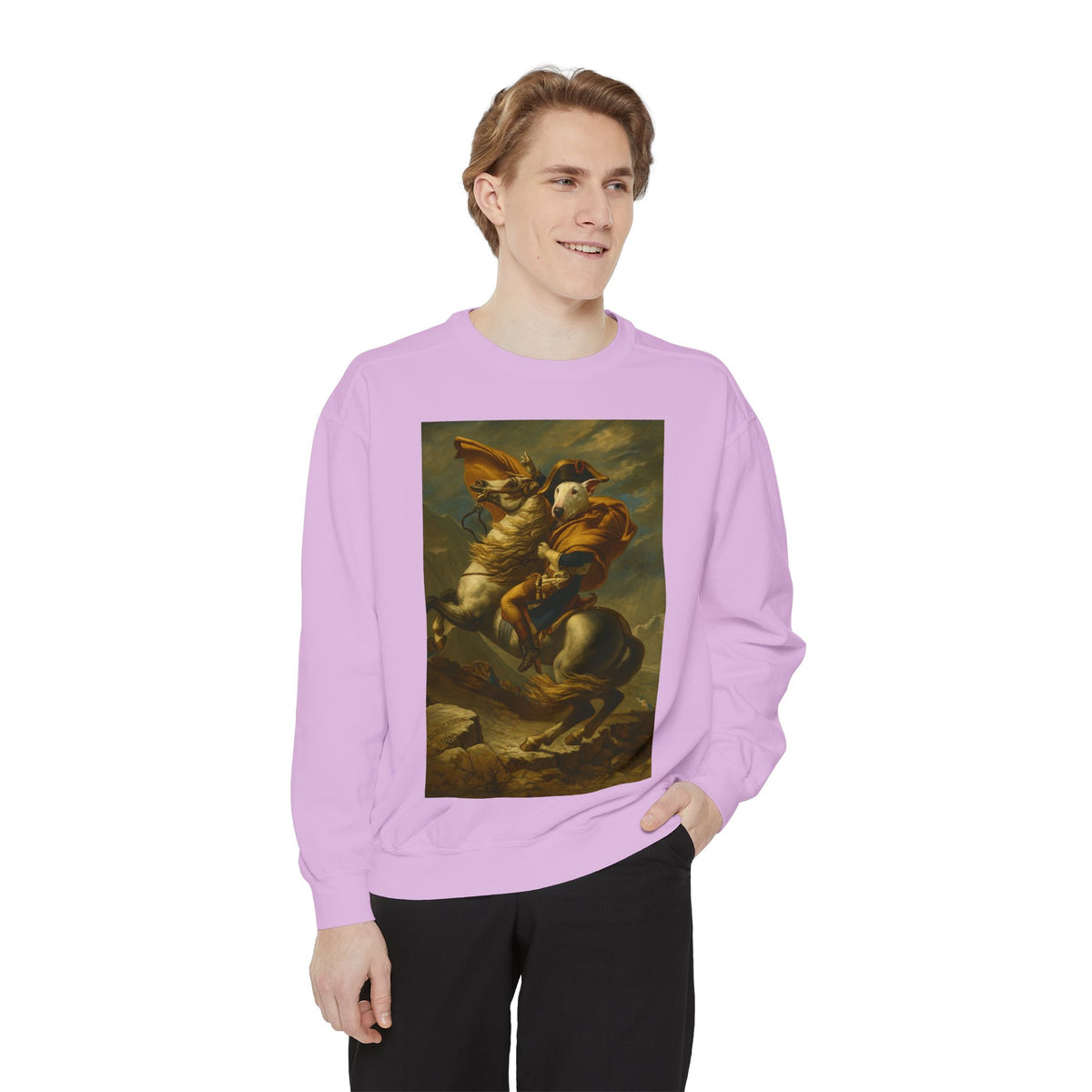 Bull Terrier Napoleon Crossing the Alps — after Jacques-Louis David, 1801 | Crewneck