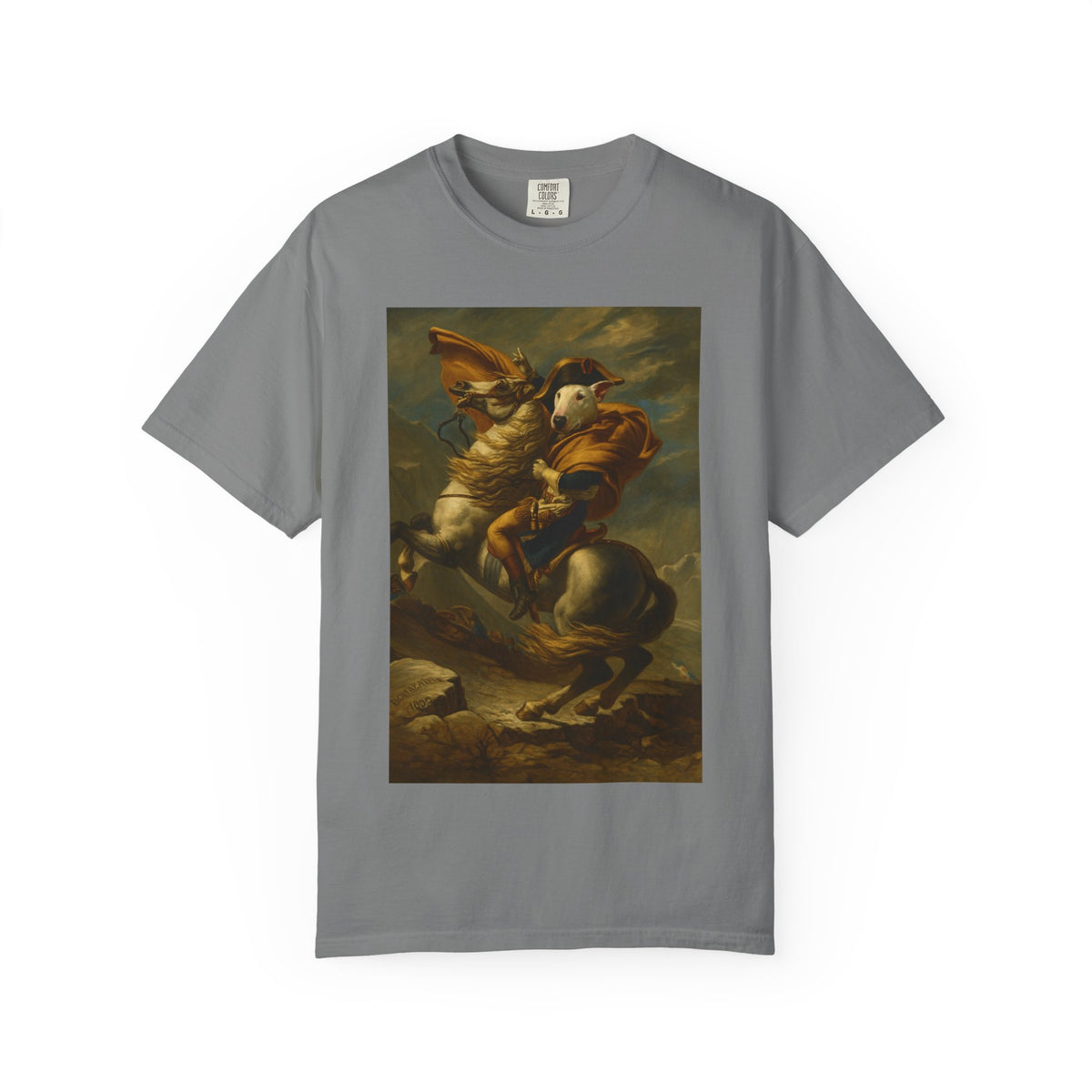 Bull Terrier Napoleon Crossing the Alps — after Jacques-Louis David, 1801 | Garment-Dyed Tee