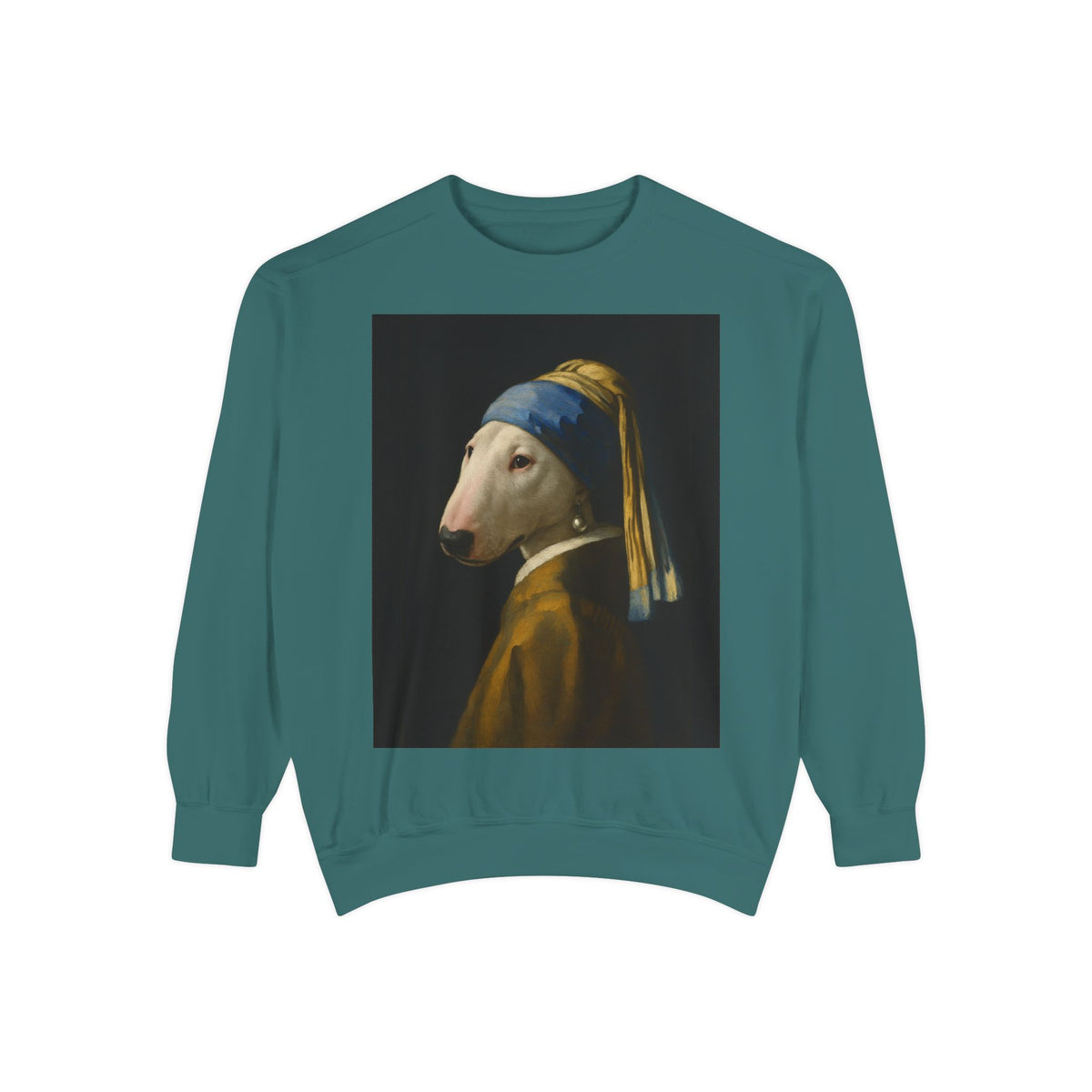 Bull Terrier Girl with a Pearl Earring — after Johannes Vermeer, c.1665 | Crewneck