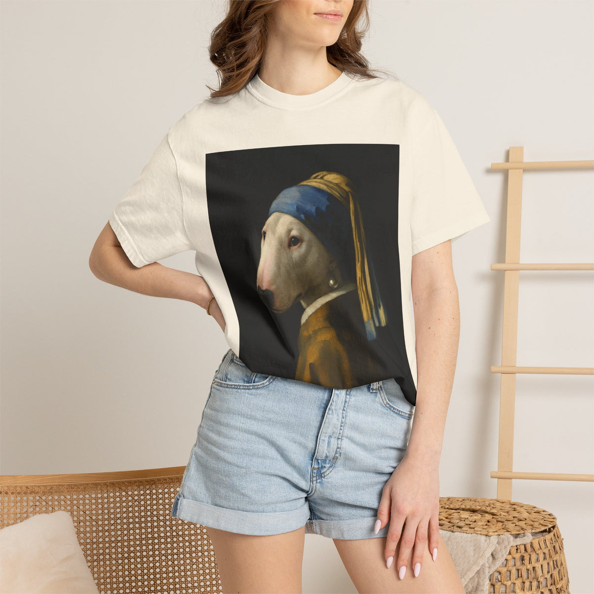 Bull Terrier Girl with a Pearl Earring — after Johannes Vermeer, c.1665 | Garment-Dyed Tee