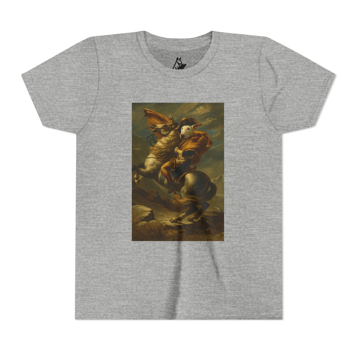 Bull Terrier Napoleon Crossing the Alps — after Jacques-Louis David, 1801 | Youth Tee