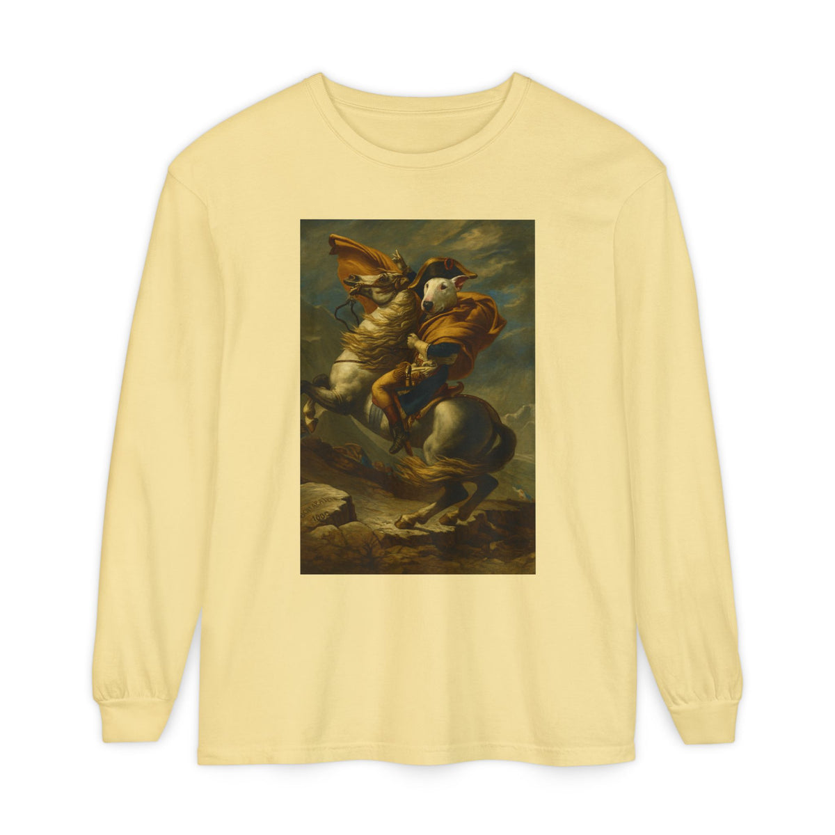 Bull Terrier Napoleon Crossing the Alps — after Jacques-Louis David, 1801 | Long Sleeve