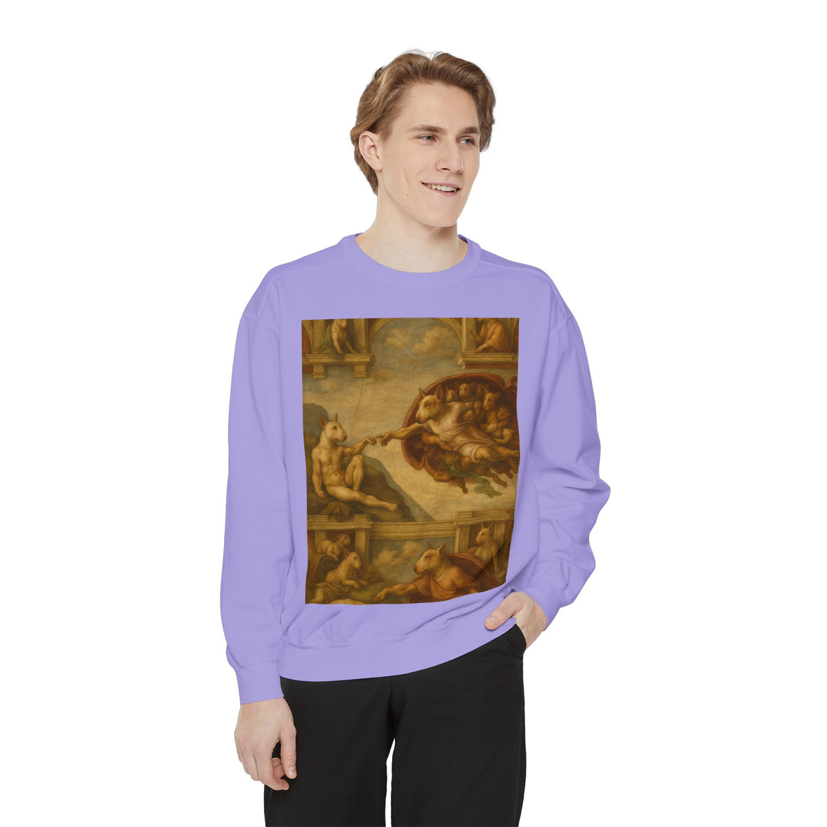 Bull Terrier The Creation of Adam — after Michelangelo, 1512 | Crewneck
