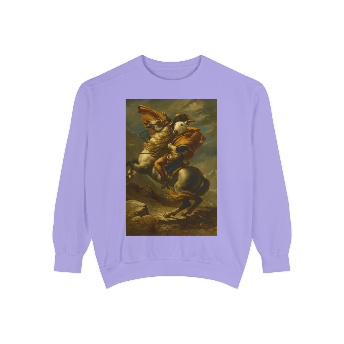 Bull Terrier Napoleon Crossing the Alps — after Jacques-Louis David, 1801 | Crewneck