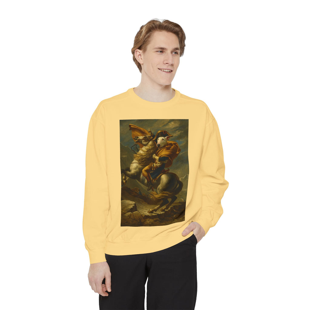 Bull Terrier Napoleon Crossing the Alps — after Jacques-Louis David, 1801 | Crewneck