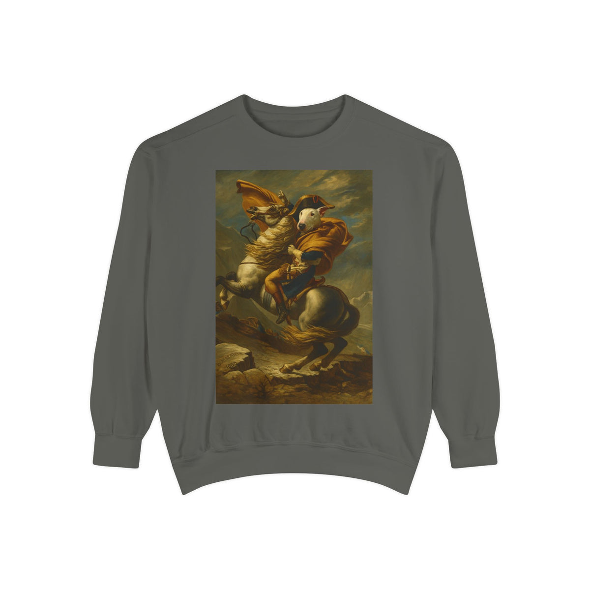 Bull Terrier Napoleon Crossing the Alps — after Jacques-Louis David, 1801 | Crewneck