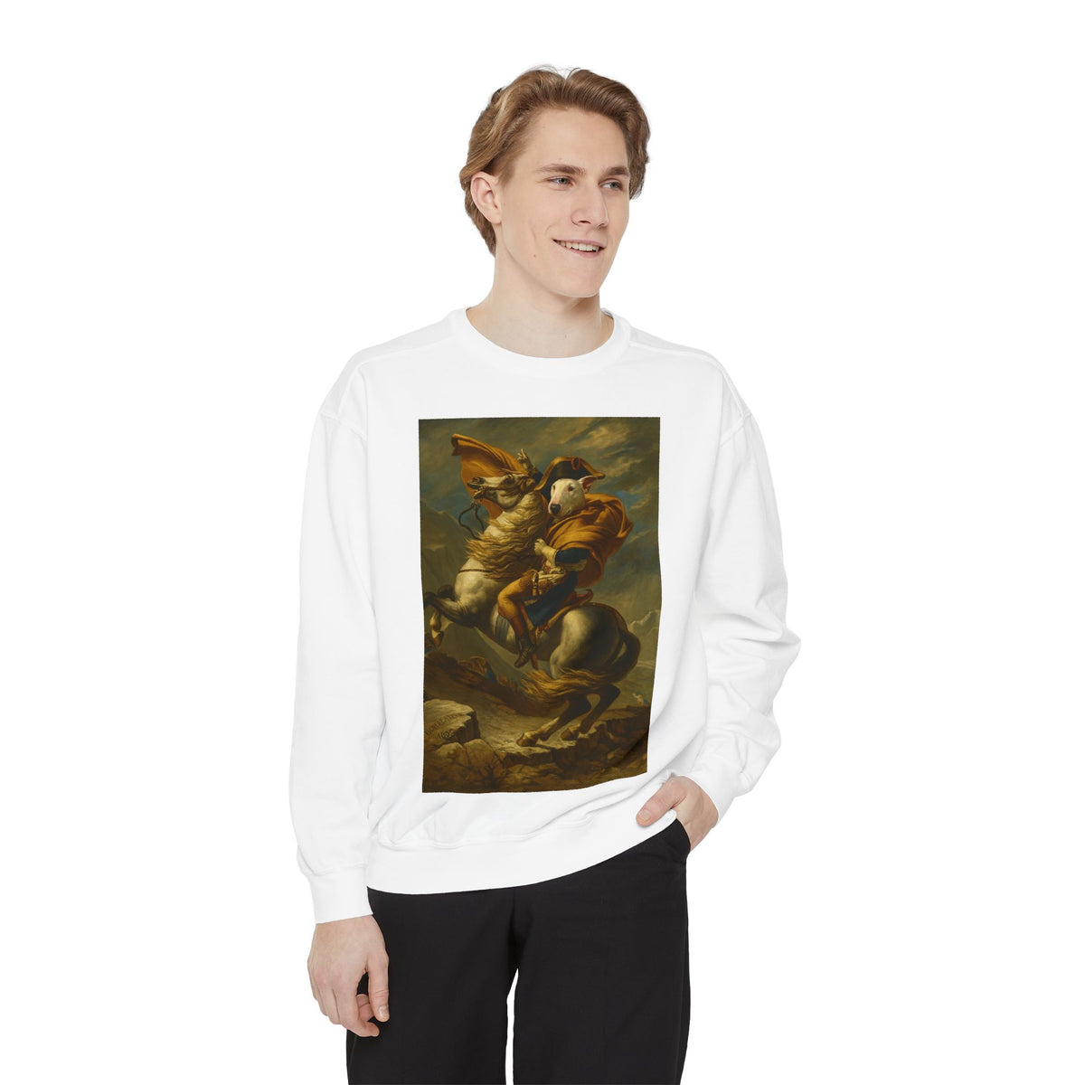 Bull Terrier Napoleon Crossing the Alps — after Jacques-Louis David, 1801 | Crewneck