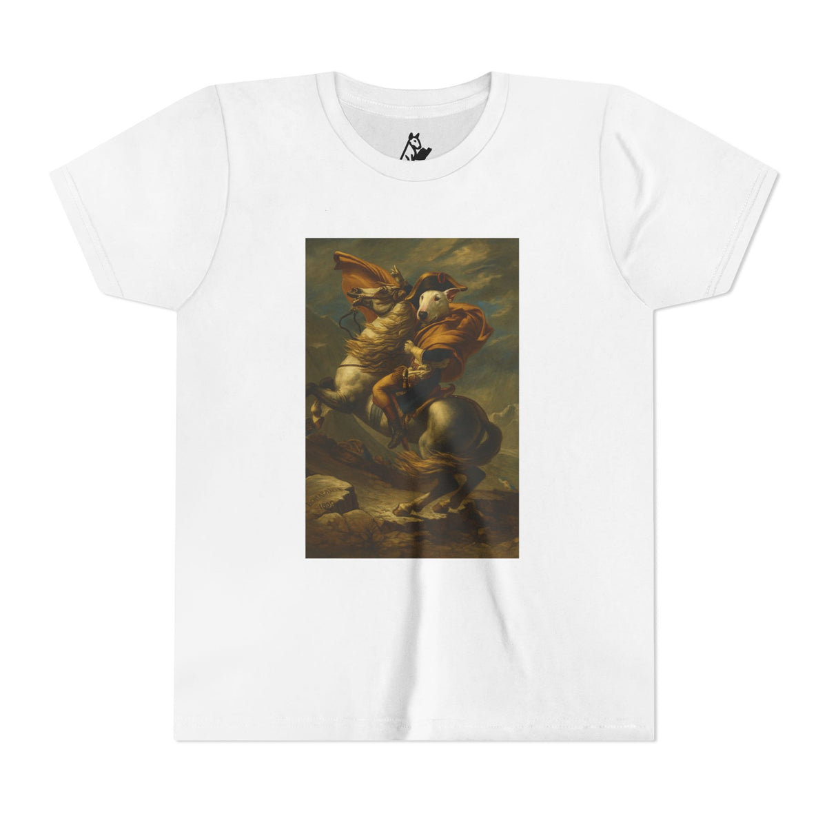 Bull Terrier Napoleon Crossing the Alps — after Jacques-Louis David, 1801 | Youth Tee