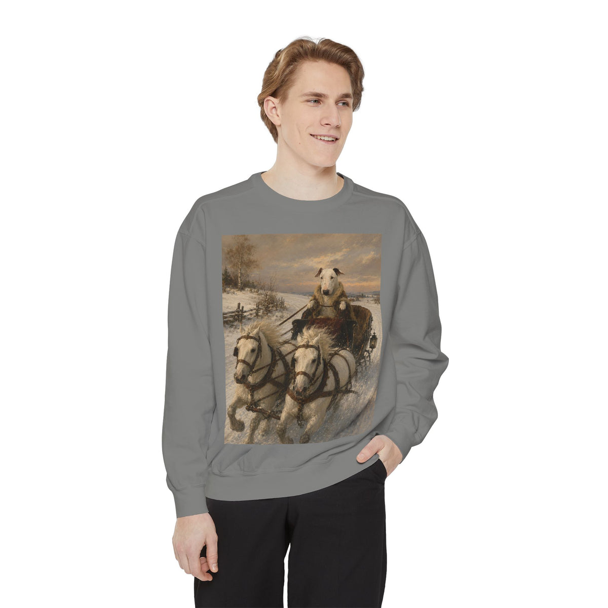 Bull Terrier Sleigh Ride — after Alfred Wierusz-Kowalski, c.1890 | Crewneck