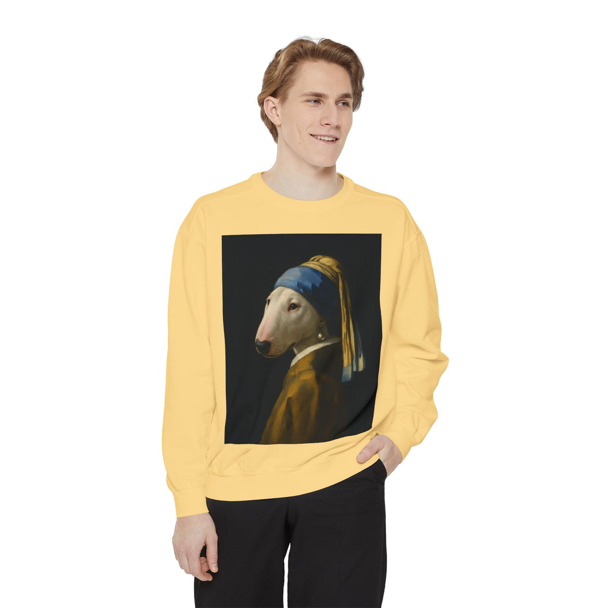 Bull Terrier Girl with a Pearl Earring — after Johannes Vermeer, c.1665 | Crewneck