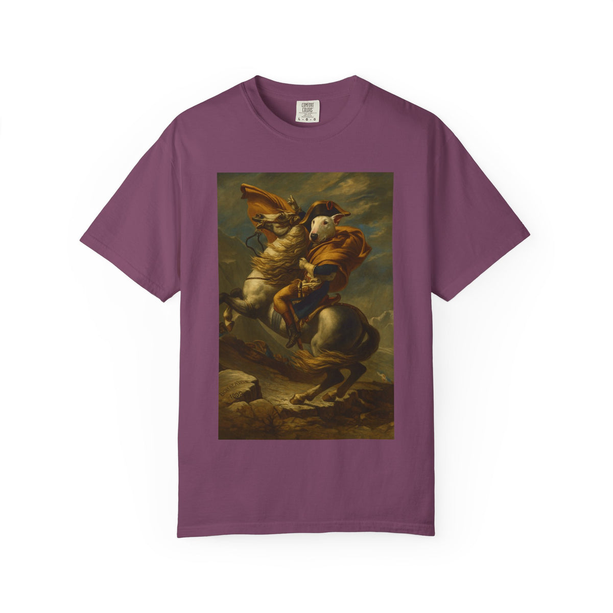 Bull Terrier Napoleon Crossing the Alps — after Jacques-Louis David, 1801 | Garment-Dyed Tee