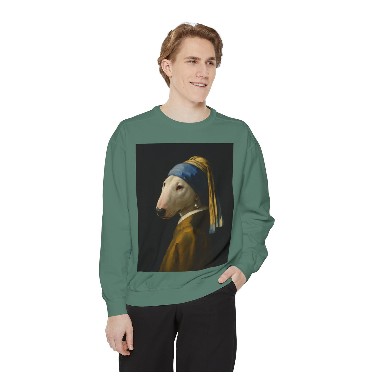Bull Terrier Girl with a Pearl Earring — after Johannes Vermeer, c.1665 | Crewneck