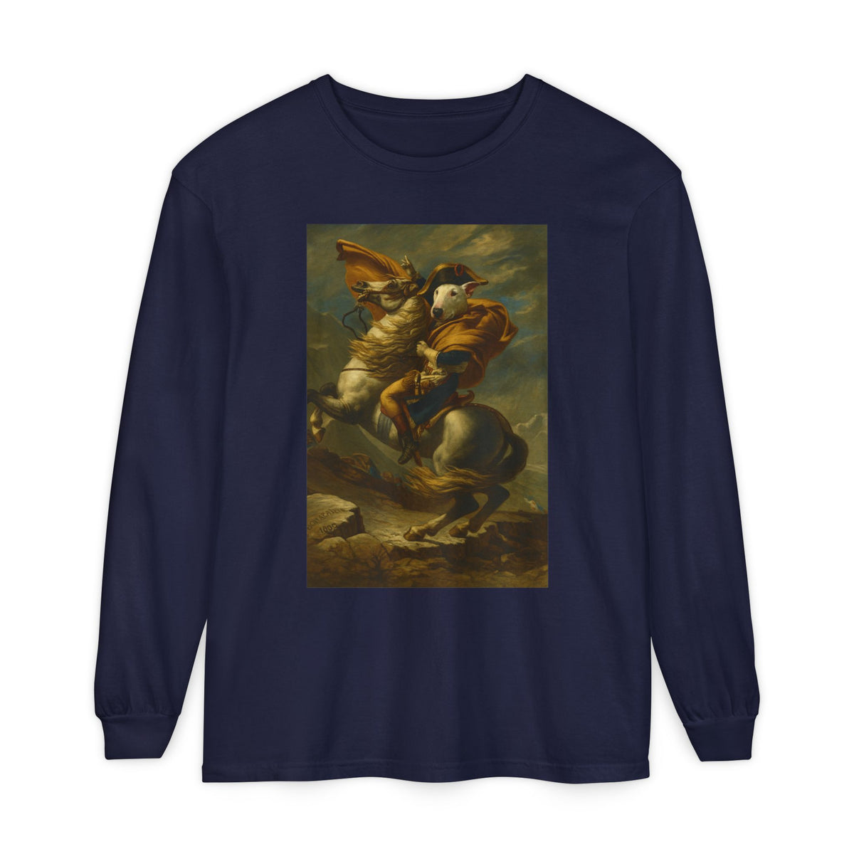 Bull Terrier Napoleon Crossing the Alps — after Jacques-Louis David, 1801 | Long Sleeve