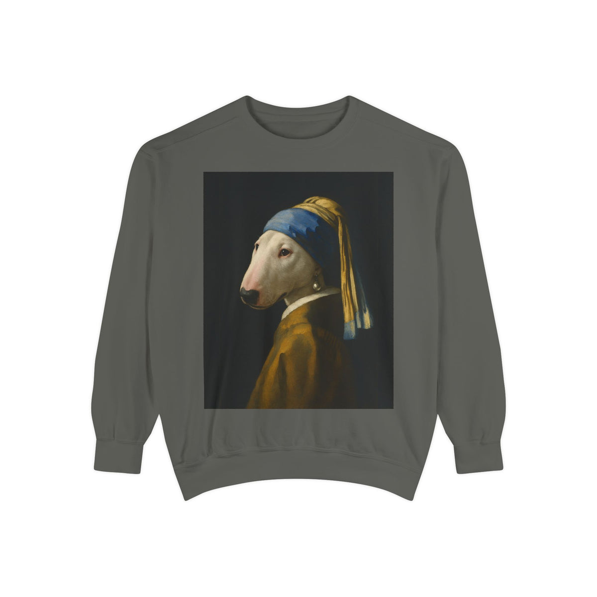 Bull Terrier Girl with a Pearl Earring — after Johannes Vermeer, c.1665 | Crewneck