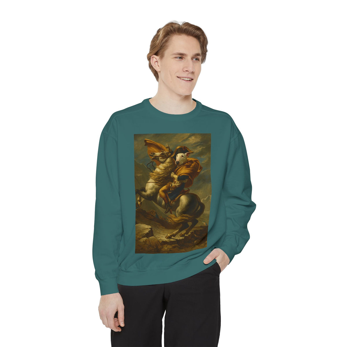 Bull Terrier Napoleon Crossing the Alps — after Jacques-Louis David, 1801 | Crewneck