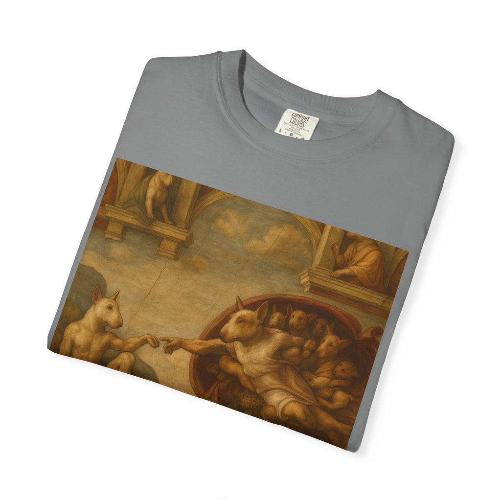 Bull Terrier The Creation of Adam — after Michelangelo, 1512 | Garment-Dyed Tee