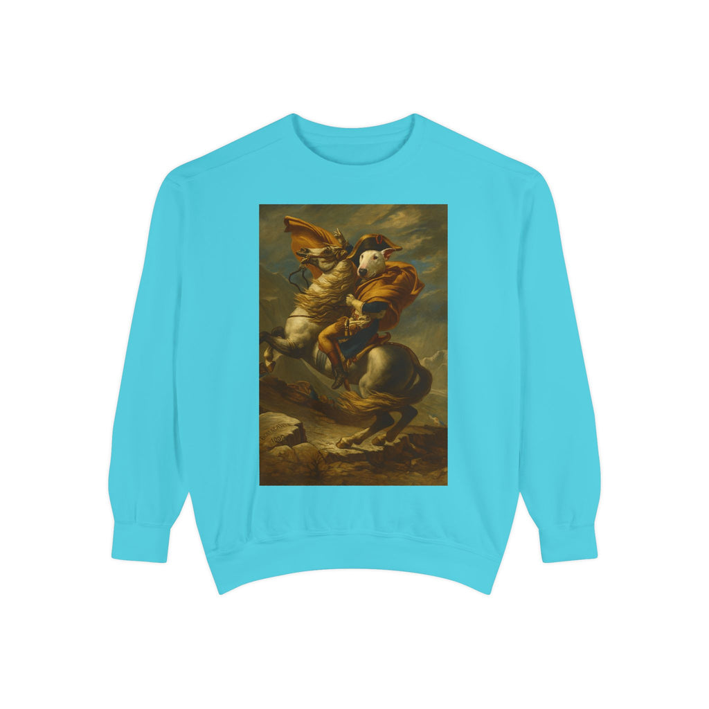 Bull Terrier Napoleon Crossing the Alps — after Jacques-Louis David, 1801 | Crewneck