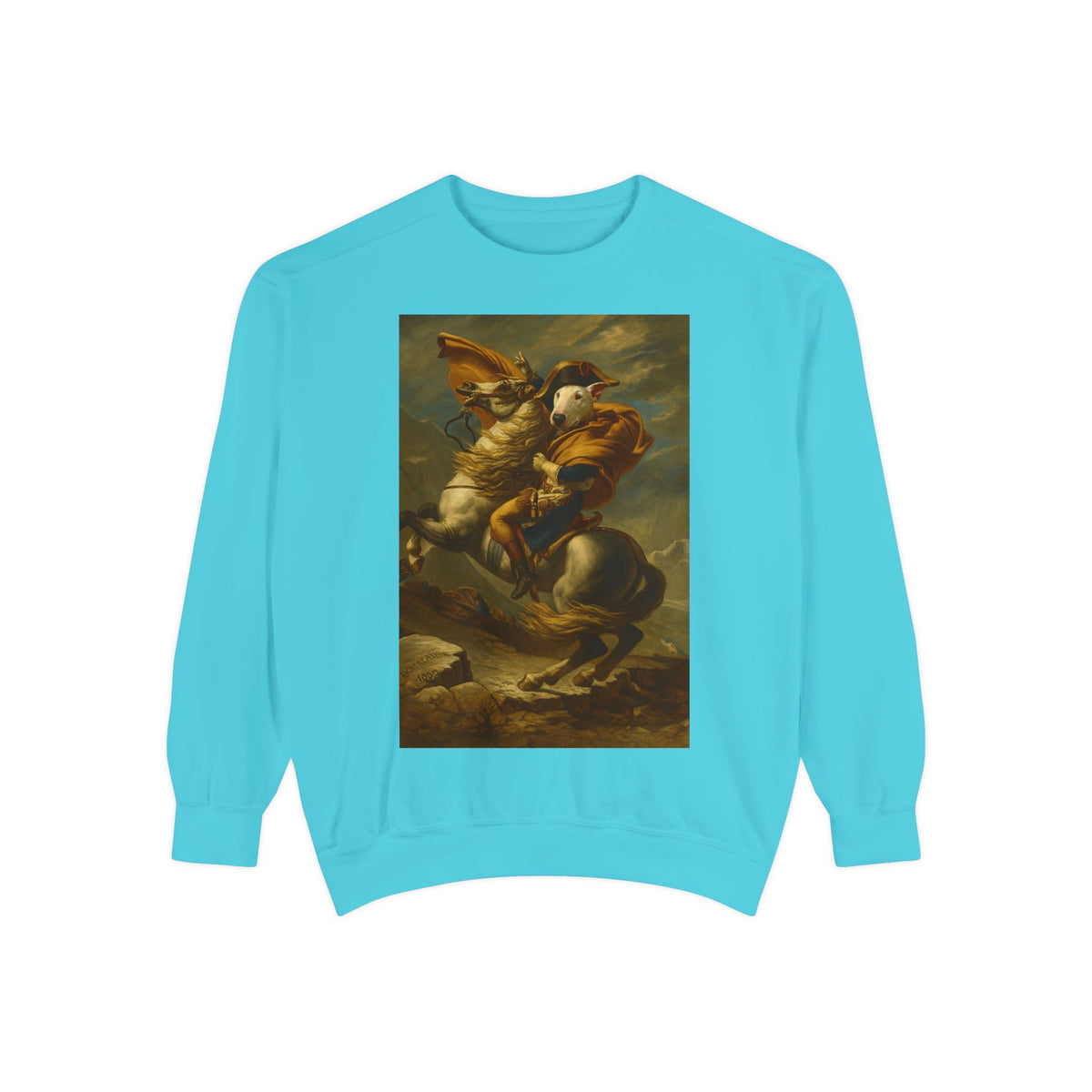 Bull Terrier Napoleon Crossing the Alps — after Jacques-Louis David, 1801 | Crewneck