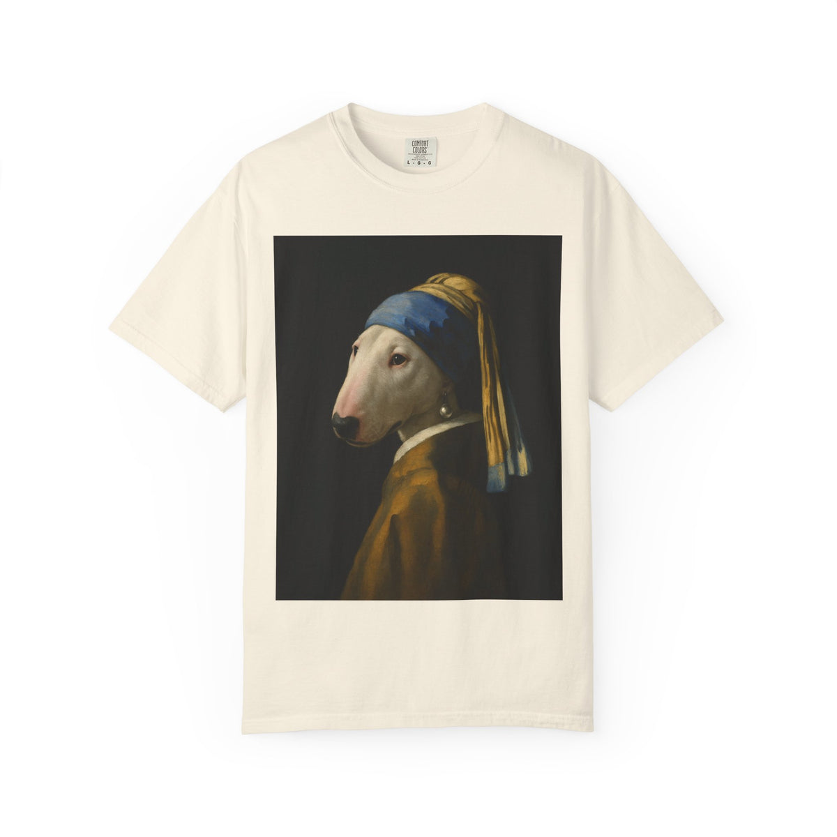 Bull Terrier Girl with a Pearl Earring — after Johannes Vermeer, c.1665 | Garment-Dyed Tee