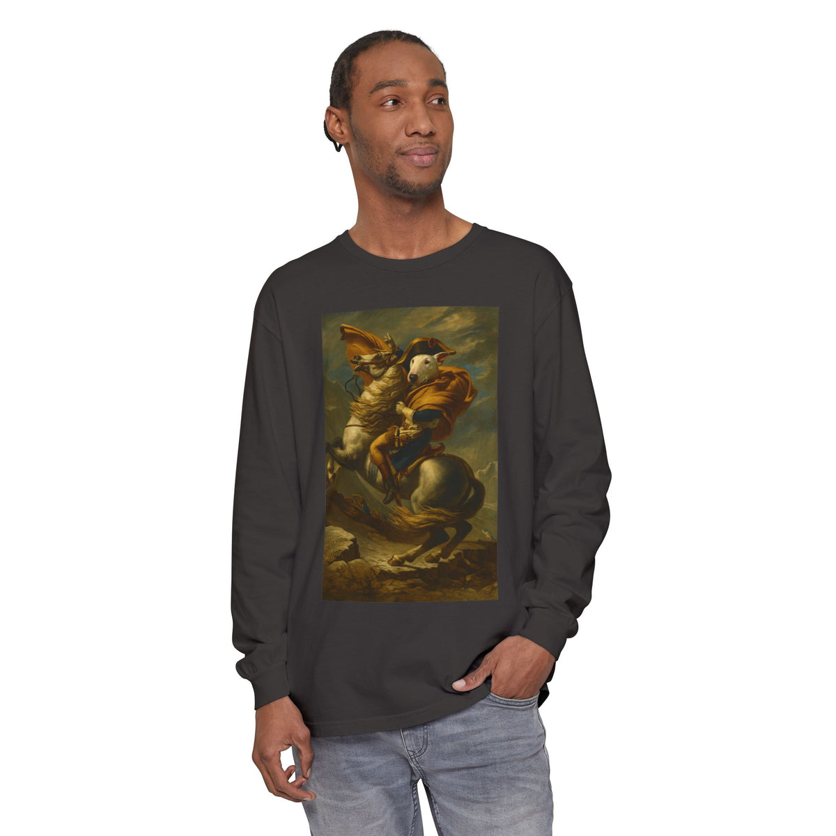 Bull Terrier Napoleon Crossing the Alps — after Jacques-Louis David, 1801 | Long Sleeve