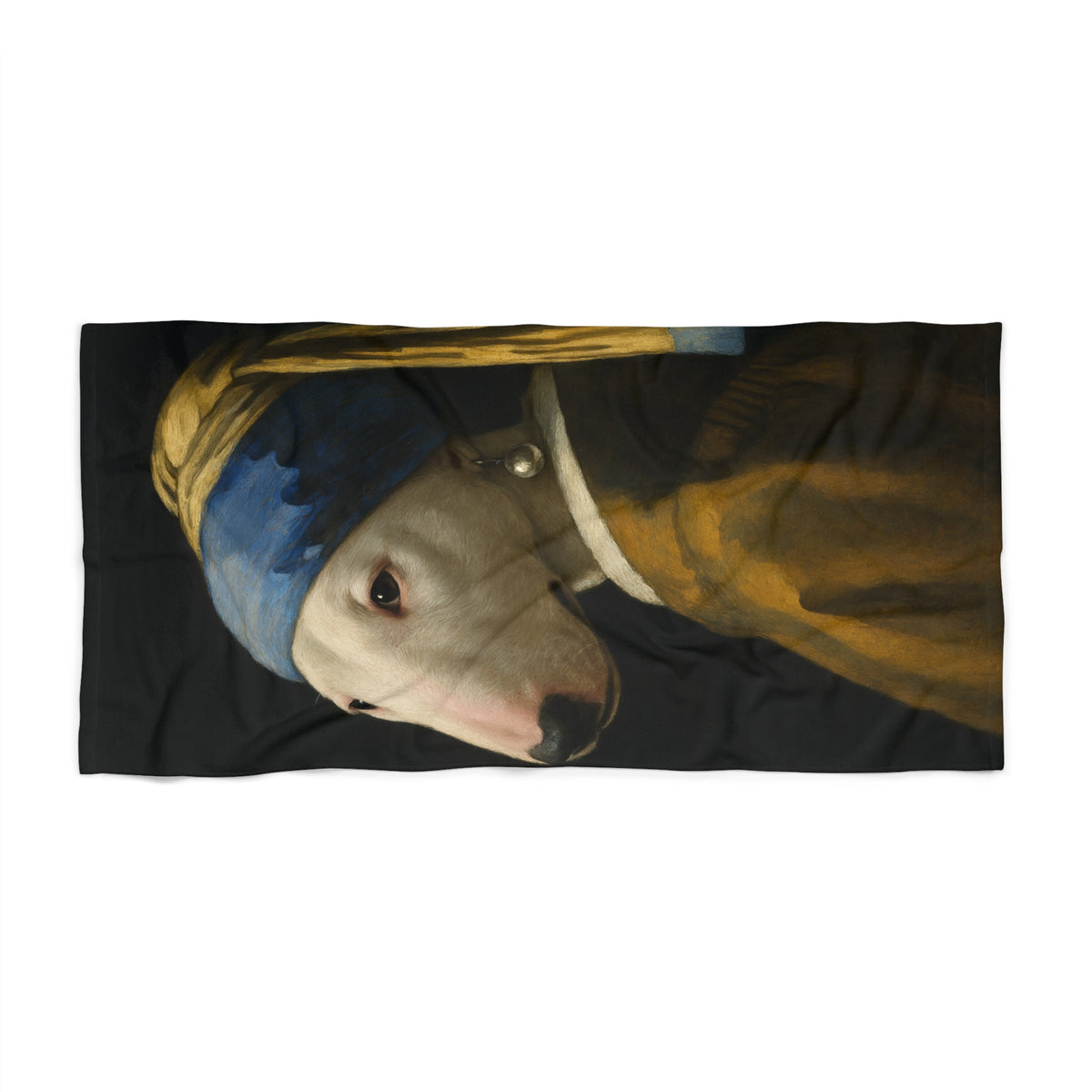 Bull Terrier Girl with a Pearl Earring — after Johannes Vermeer, c.1665 | Beach Towel