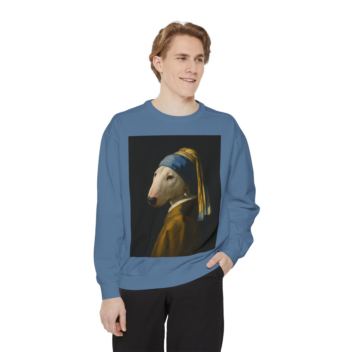 Bull Terrier Girl with a Pearl Earring — after Johannes Vermeer, c.1665 | Crewneck