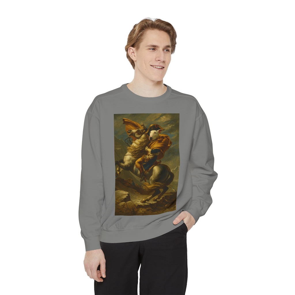 Bull Terrier Napoleon Crossing the Alps — after Jacques-Louis David, 1801 | Crewneck