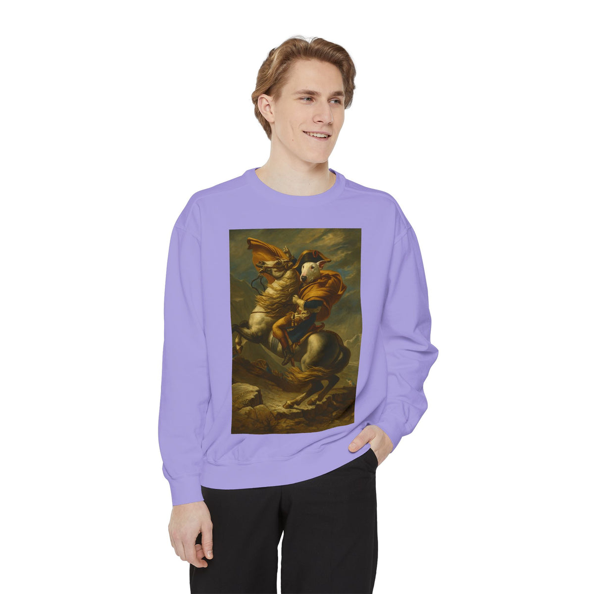 Bull Terrier Napoleon Crossing the Alps — after Jacques-Louis David, 1801 | Crewneck
