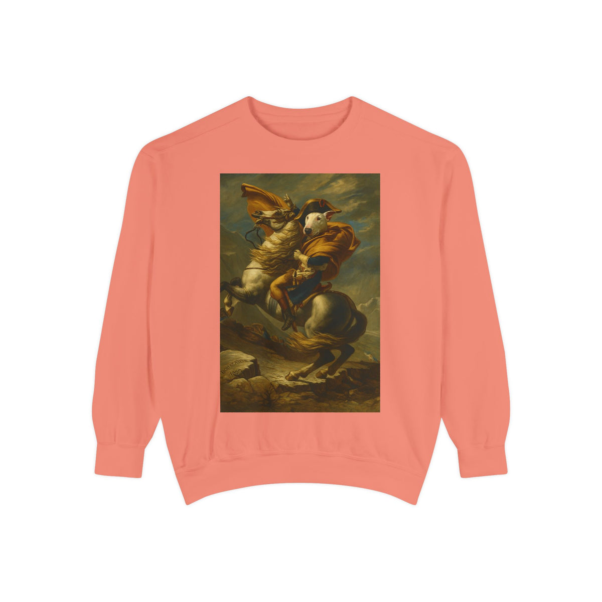 Bull Terrier Napoleon Crossing the Alps — after Jacques-Louis David, 1801 | Crewneck