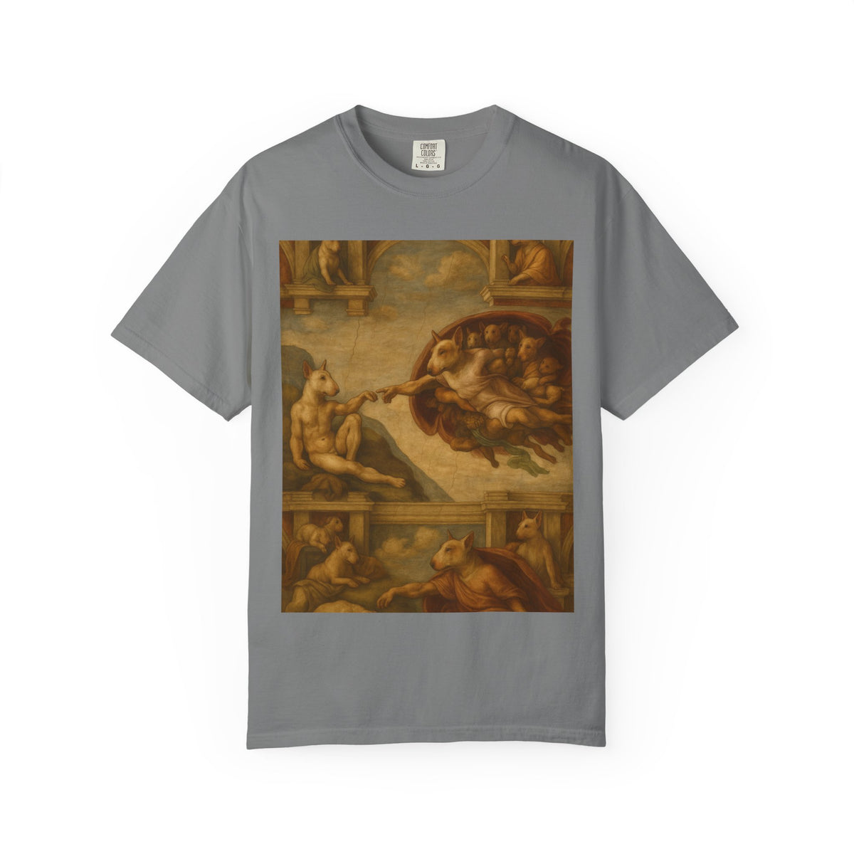 Bull Terrier The Creation of Adam — after Michelangelo, 1512 | Garment-Dyed Tee