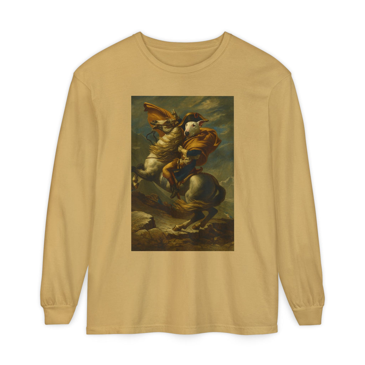 Bull Terrier Napoleon Crossing the Alps — after Jacques-Louis David, 1801 | Long Sleeve