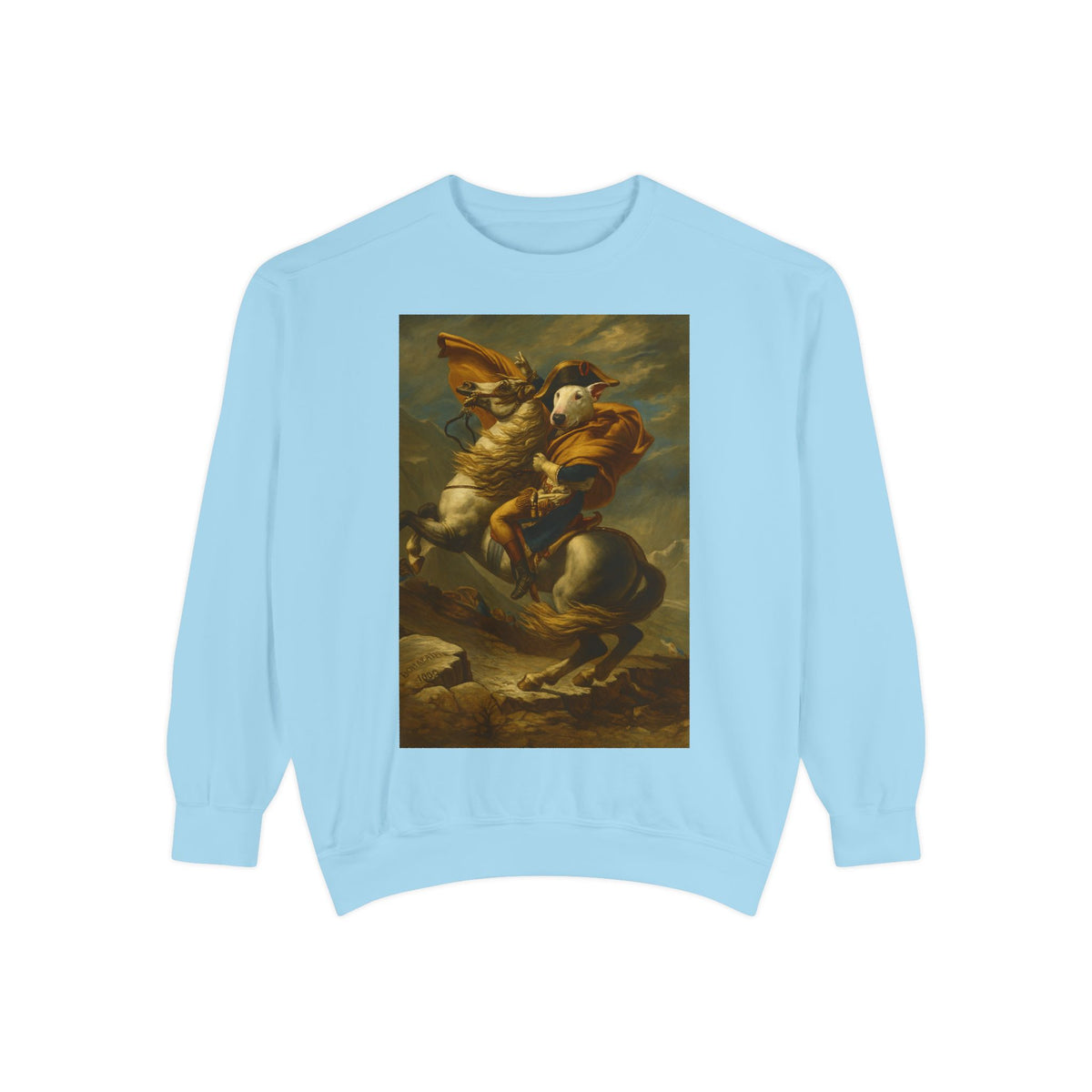 Bull Terrier Napoleon Crossing the Alps — after Jacques-Louis David, 1801 | Crewneck