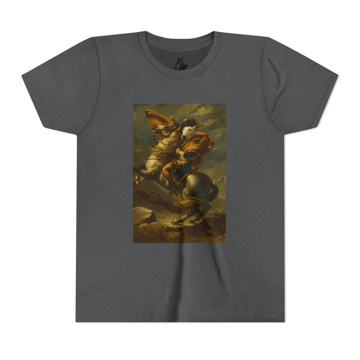 Bull Terrier Napoleon Crossing the Alps — after Jacques-Louis David, 1801 | Youth Tee