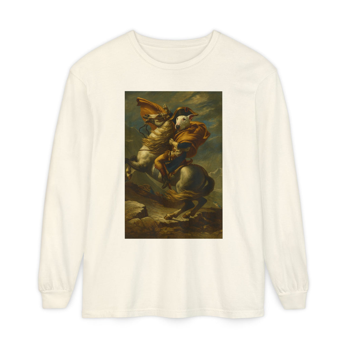 Bull Terrier Napoleon Crossing the Alps — after Jacques-Louis David, 1801 | Long Sleeve