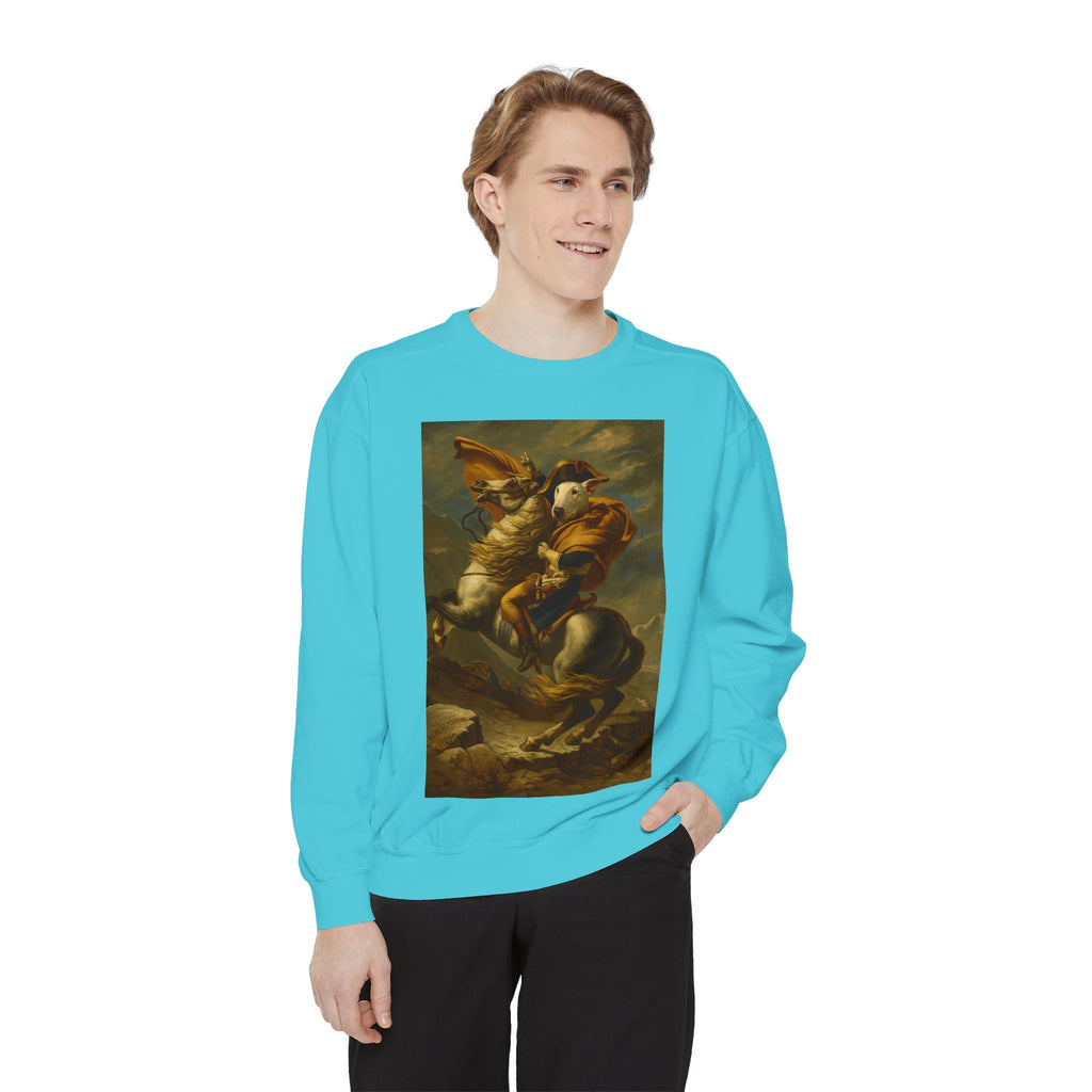 Bull Terrier Napoleon Crossing the Alps — after Jacques-Louis David, 1801 | Crewneck