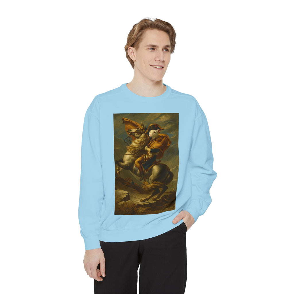 Bull Terrier Napoleon Crossing the Alps — after Jacques-Louis David, 1801 | Crewneck