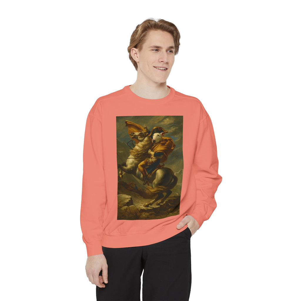 Bull Terrier Napoleon Crossing the Alps — after Jacques-Louis David, 1801 | Crewneck
