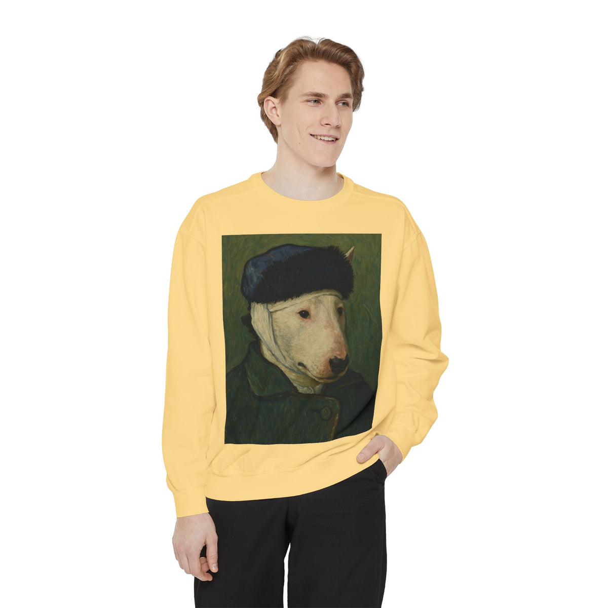 Bull Terrier Self-Portrait with Bandaged Ear — after Vincent van Gogh, 1889 | Crewneck