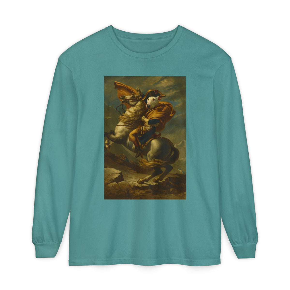 Bull Terrier Napoleon Crossing the Alps — after Jacques-Louis David, 1801 | Long Sleeve