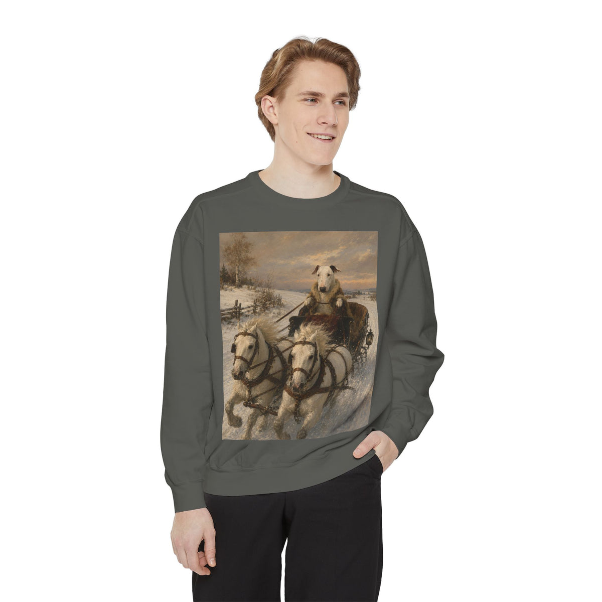 Bull Terrier Sleigh Ride — after Alfred Wierusz-Kowalski, c.1890 | Crewneck