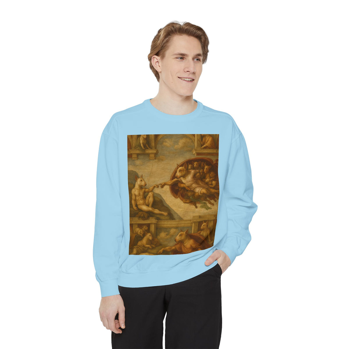 Bull Terrier The Creation of Adam — after Michelangelo, 1512 | Crewneck