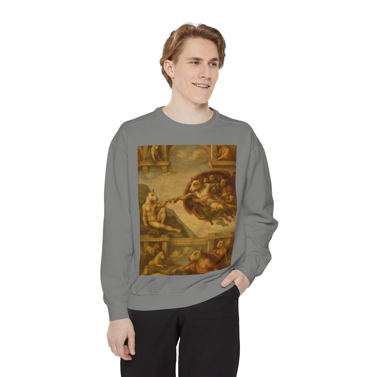 Bull Terrier The Creation of Adam — after Michelangelo, 1512 | Crewneck