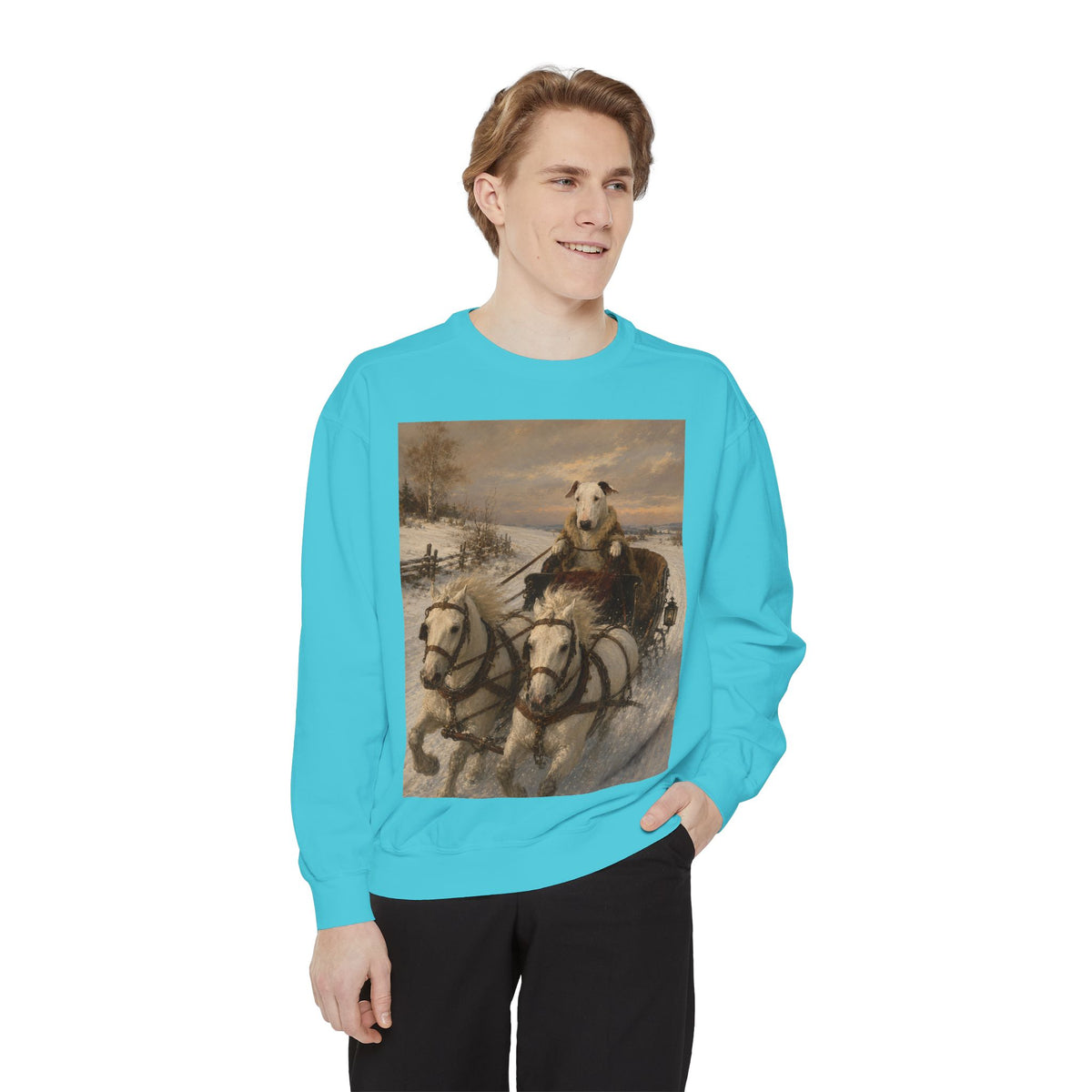 Bull Terrier Sleigh Ride — after Alfred Wierusz-Kowalski, c.1890 | Crewneck