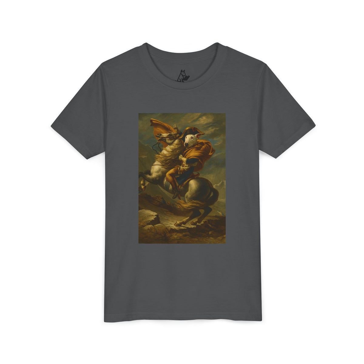 Bull Terrier Napoleon Crossing the Alps — after Jacques-Louis David, 1801 | Youth Tee
