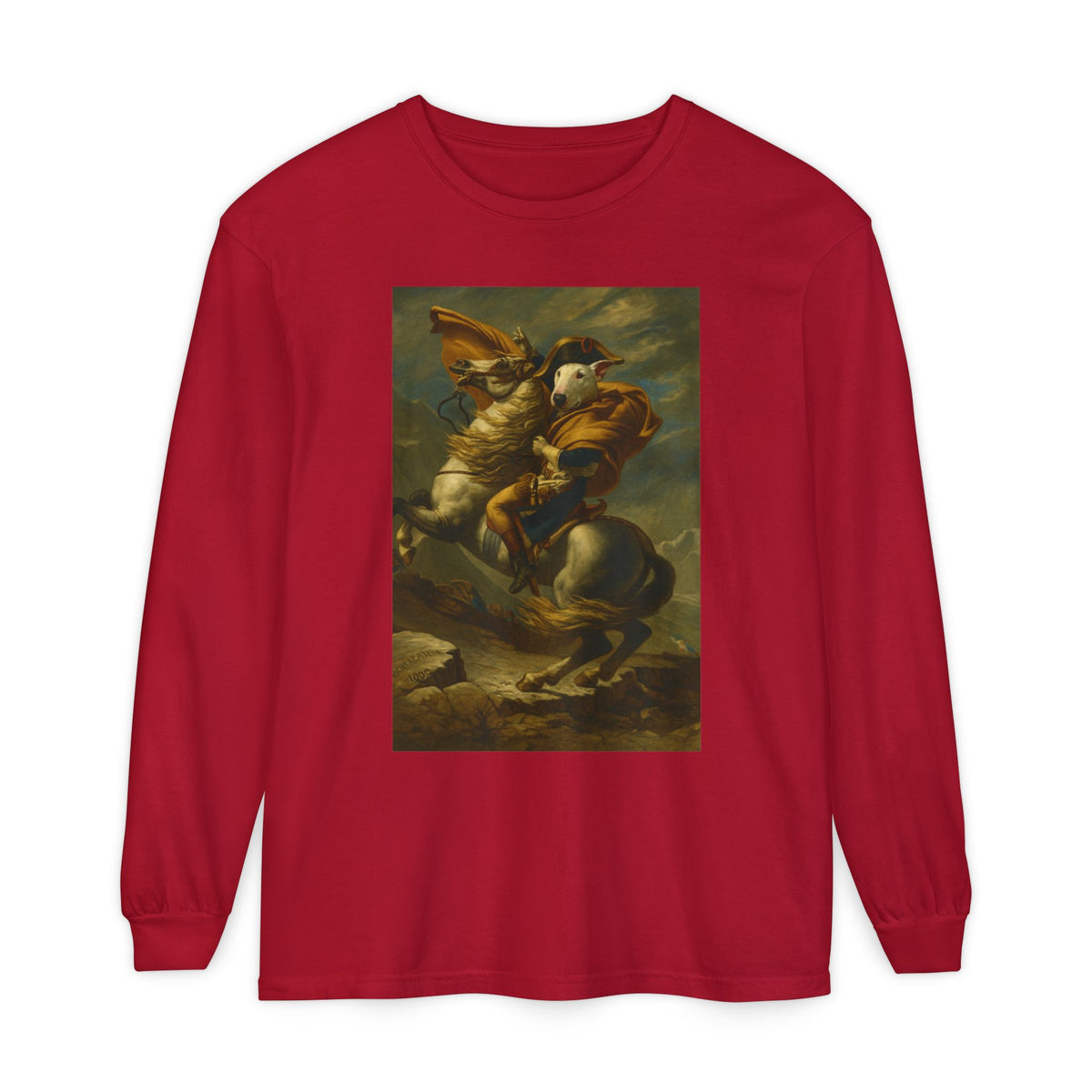 Bull Terrier Napoleon Crossing the Alps — after Jacques-Louis David, 1801 | Long Sleeve