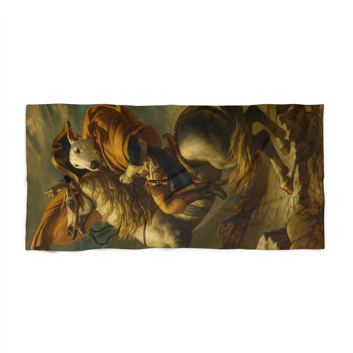 Bull Terrier Napoleon Crossing the Alps — after Jacques-Louis David, 1801 | Beach Towel